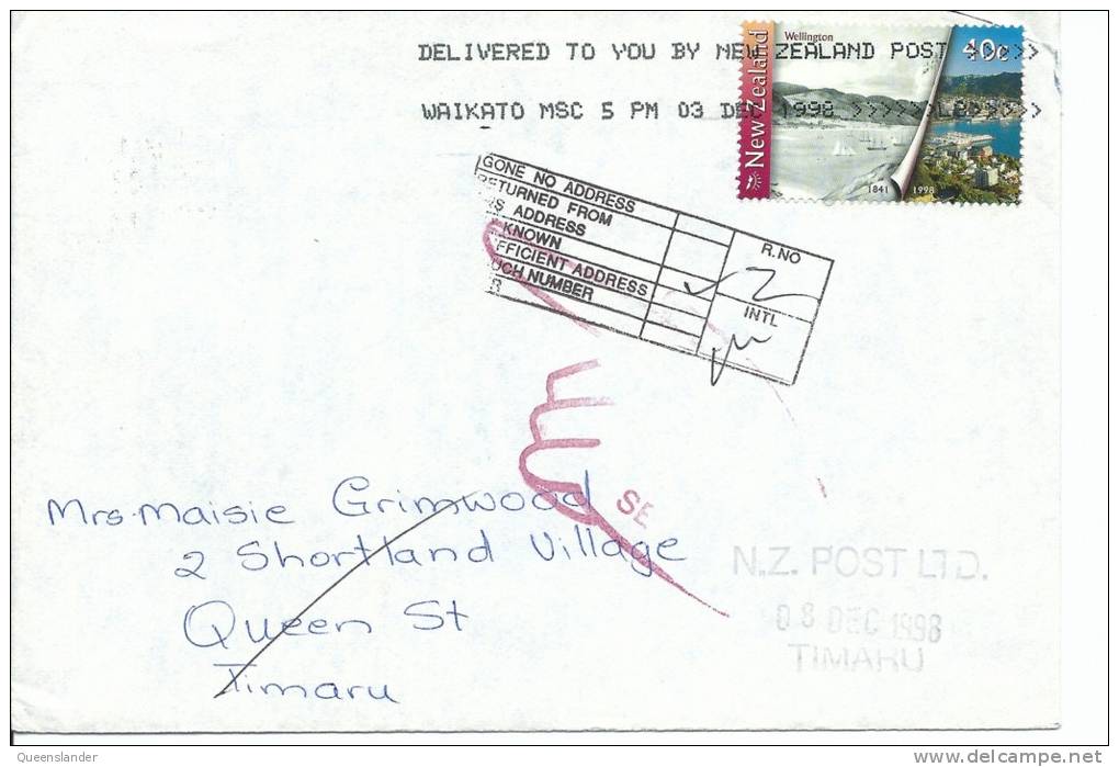 40  Cent Wellington Stamp 1841-1998 On  Envelope Unknown Address Return To Sender & On Back Postmark - Cartas & Documentos
