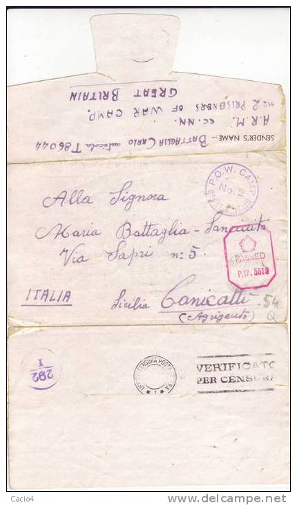 1943 5.3 Lettera In Franchigia, Prigioniero Di Guerra Italiano In UK, Campo 2 - Storia Postale