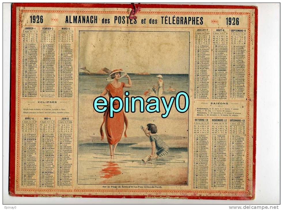 CALENDRIER - ALMANACH DES POSTES ET DES TELEGRAPHES 1926 - Plage De SABLE D´OR LES PINS - - Grand Format : 1921-40