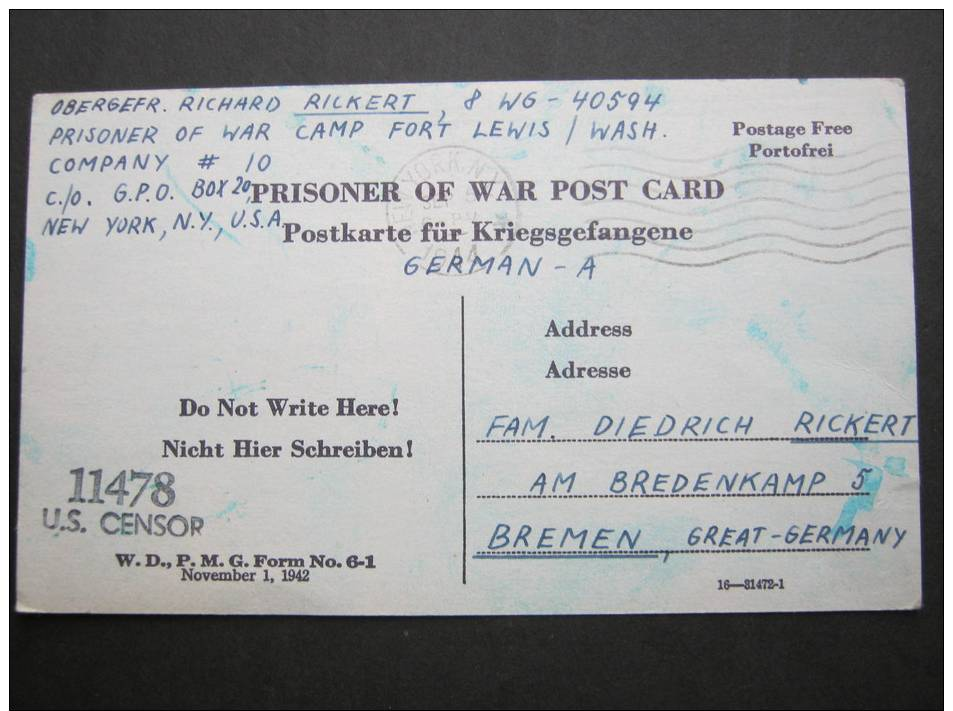 1944, POW  Camp   FORT LEWIS, Card To Germany With Censorship - Covers & Documents