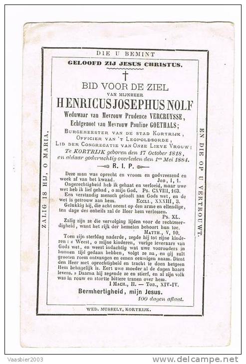 KORTRIJK, Doodsprentje  Van BURGEMEESTER Henricus Josephus NOLF + 1884 ! ! - Documents Historiques