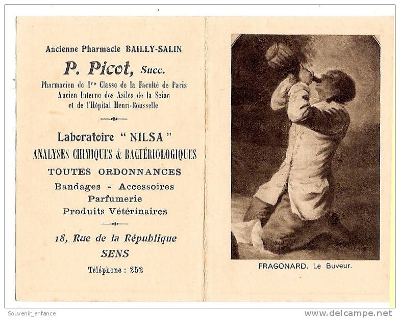 Calendrier 1930 Pharmacie Bailly Salin Picot 18 Rue De La République 89 Sens Fragonard Le Buveur - Formato Piccolo : 1921-40