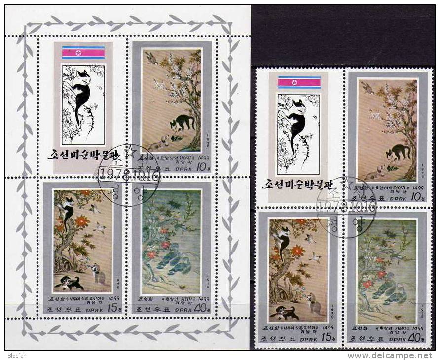 WWF Gemälde Mit Tiere Korea Nord 1978 Coree 1802/4 Im 4-Block Plus 4-KB O 23€ Hund Katze Ente Bf Fauna Sheetlet Of Corea - Grabados