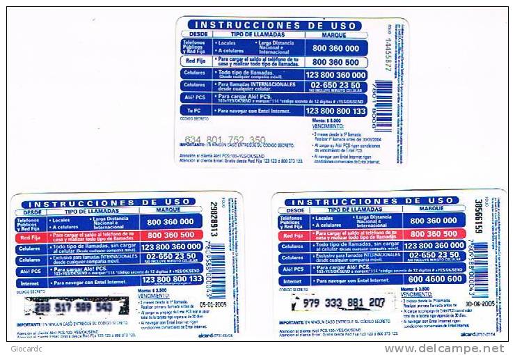 CILE (CHILE) -  ENTEL    (RECHARGE GSM) -  MULTIUSO: LOT OF 3 DIFFERENT             - USED   -   RIF. 444 - Cile