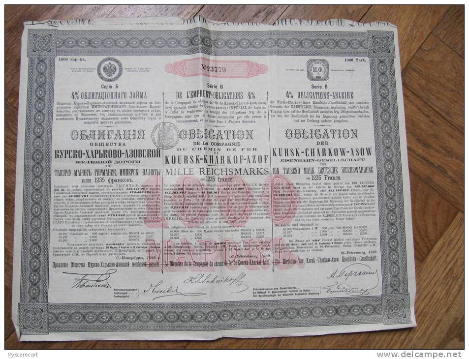 ACTION - SCRIPOPHILIE -- OBLIGATION RUSSE - CHEMIN DE FER DE  KOURSK - KHARKOF-AZOF  (1000) -1889 Gouvernement Impérial - Russland