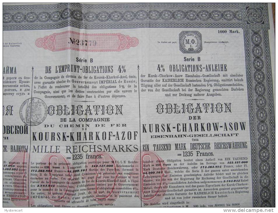 ACTION - SCRIPOPHILIE -- OBLIGATION RUSSE - CHEMIN DE FER DE  KOURSK - KHARKOF-AZOF  (1000) -1889 Gouvernement Impérial - Russland