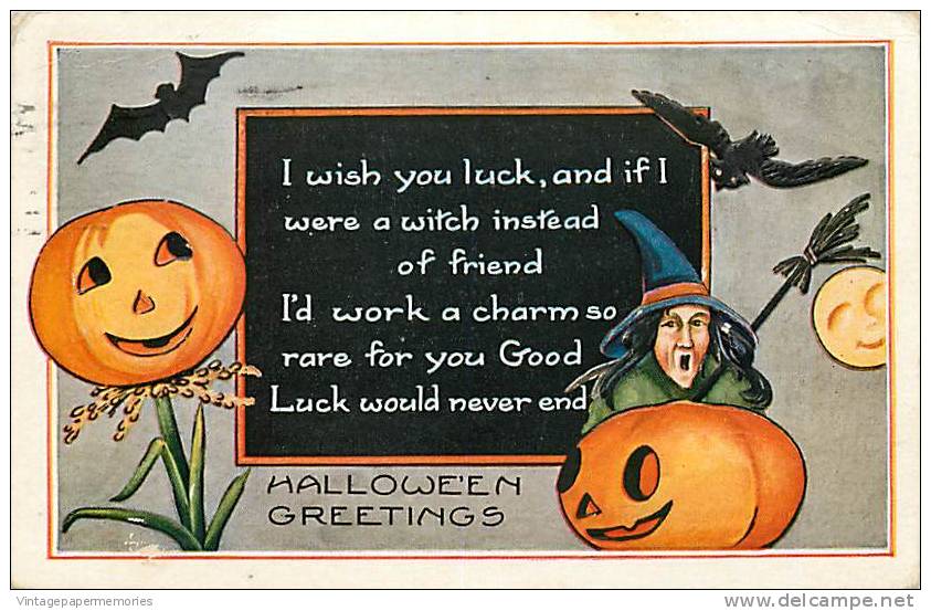 193505-Halloween, Whitney No WH27-7, JOL Head Plant, Witch With Broom, Bat, 1925 PM - Halloween