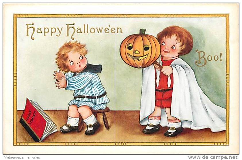 193511-Halloween, Whitney No WH43a-5, Boy Being Scared By Another Boy In Ghost Costume Holding A Jack-o-Lantern - Halloween