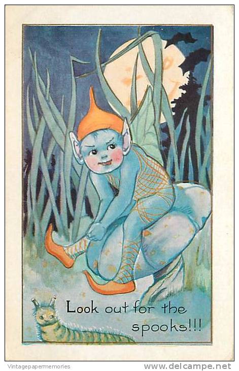 193513-Halloween, Whitney No WH4-4, Blue Elf Sitting On Blue Mushroom, Full Moon Face, Caterpiller - Halloween