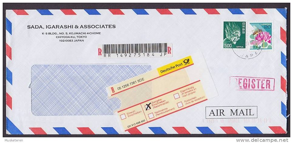 Japan Airmail Registered Récommandée Labels SADA, IGARASHI & ASSOCIATES, Chiyoda-ku Cover Brief To Germany - Poste Aérienne