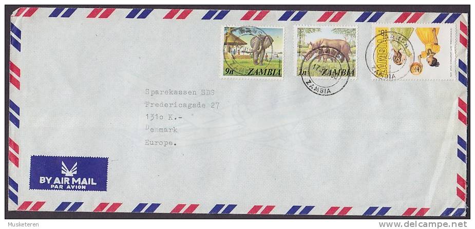Zambia Airmail Par Avion MAHSA 1980 Cover Brief To Bank In Denmark Elephant Rhinoceros - Zambia (1965-...)
