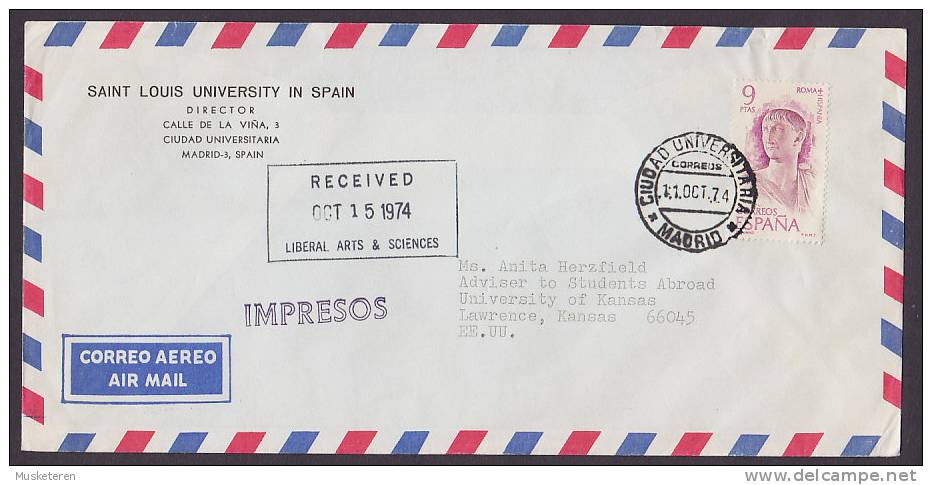 Spain Airmail Aereo SAINT LOUIS UNIVERSITY IN SPAIN Deluxe CIUDAD UNIVERSITARIA 1974 Cover Letra To KANSAS USA Impresos - Briefe U. Dokumente