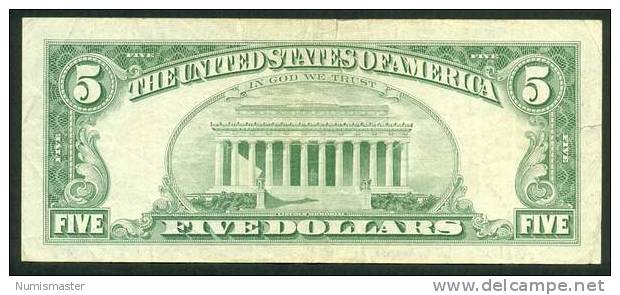 1963 , 5 DOLLARS U.S. NOTE , RED SEAL , VF - Biglietti Degli Stati Uniti (1928-1953)