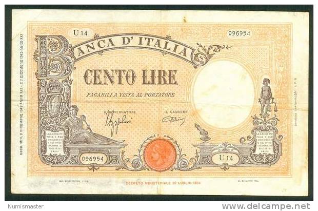 ITALIA , 100 LIRE  9.12.1942. - 100 Liras