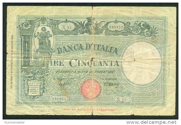 ITALIA , 50 LIRE  8.10 1943. - 50 Liras