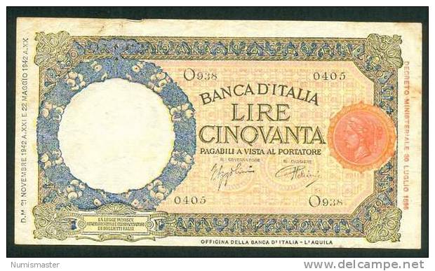 ITALIA , 50 LIRE  21.11 1942. - 50 Liras