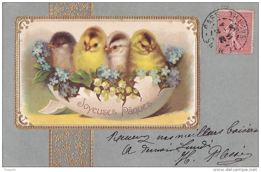 ¤¤  -  Carte Gauffrée   -  Heureuses Pâques  -  Poussins , Poule , Coq  -  Fleurs , Muguet   -  ¤¤ - Easter