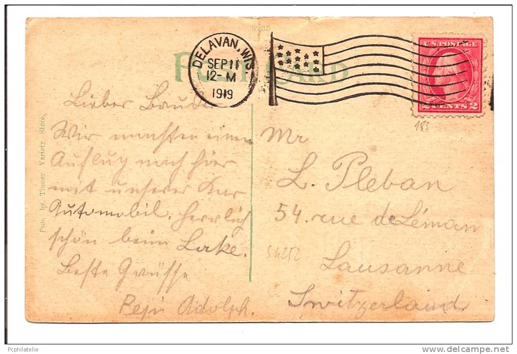 YVERT N° 183 OBL DRAPEAU AVEC HAMPE DE DELAVAN. WIS. 1919 SUR CARTE POSTALE - Storia Postale