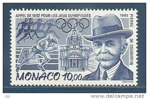 MONACO , 10 F  , Appel De 1892 Pour Les Jeux Olympiques , Pierre De Coubertin  , 1992 , N° YT 1853 , NEUF ** - Neufs