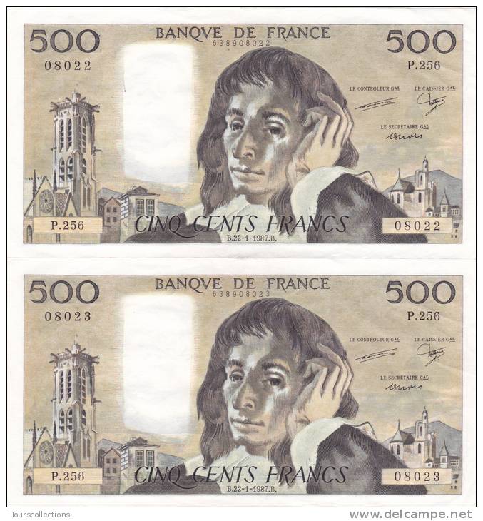 LOT 2 Billets SPL 500 FRANCS PASCAL N° à Suivre Du 22/01/1987 @ P 256 - 6 Alphabets ! @  2 Scans - N° Fayette 70 - 2 - 500 F 1968-1993 ''Pascal''