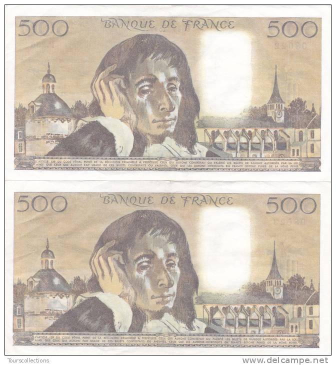 LOT 2 Billets SPL 500 FRANCS PASCAL N° à Suivre Du 22/01/1987 @ P 256 - 6 Alphabets ! @  2 Scans - N° Fayette 70 - 2 - 500 F 1968-1993 ''Pascal''