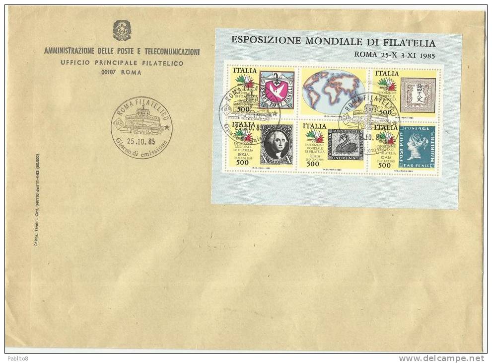 ITALIA  REPUBBLICA 1985 ESPOSIZIONE MONDIALE DELLA FILATELIA VI FRANCOBOLLI 5 CONTINENTI FOGLIETTO TIMBRATO FDC - Blocks & Sheetlets