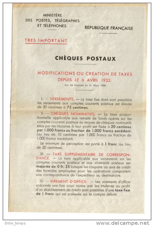 PTT CCP Chèques Postaux Nouveau Tarif 1932 - Publicités