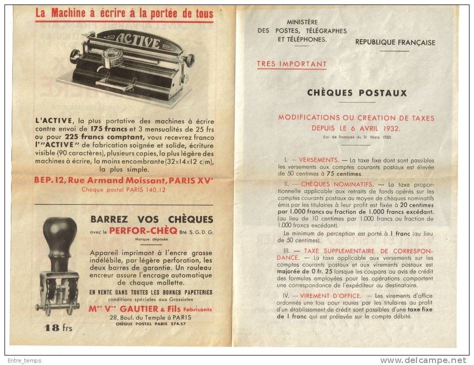 PTT CCP Chèques Postaux Nouveau Tarif 1932 - Publicités