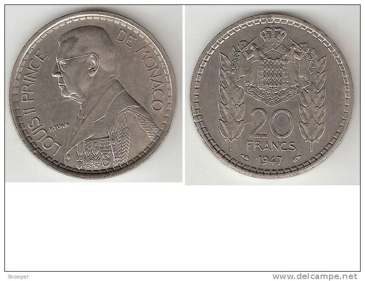 Monaco 20 Francs 1947 Km 124   Xf+  !!! Catalog Val 2016 = 20,00$ - 1922-1949 Louis II