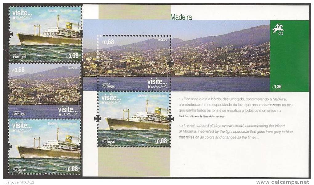 MADEIRA -  EUROPA 2012 -TEMA ANUAL " VISITE MADEIRA".- SERIE 1 V. +  DOS  SELLOS De La  BF + HOJITA BLOQUE - - 2012