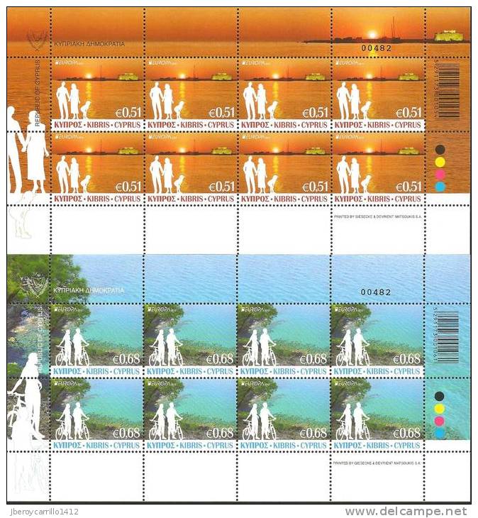 CHIPRE // CYPRUS // CHYPRE// CIPRO  - EUROPA 2012 -TEMA ANUAL " VISIT CYPRUS ".- SERIE De 2 V. En DOS HOJAS BLOQUE De 8 - 2012