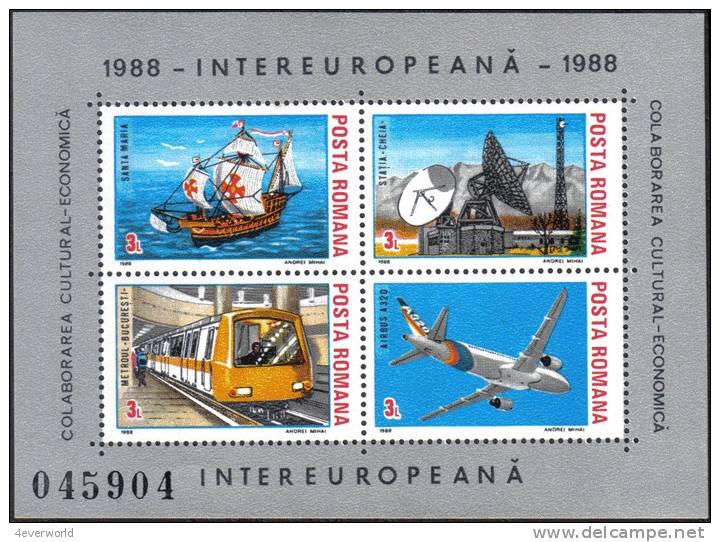 1988 Ship Satellite Train Air Plane MS Romania Stamp MNH - Collections