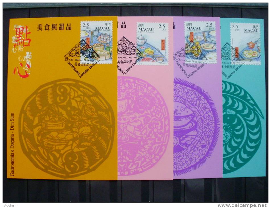 Macau 1042/5, Maximumkarte MK/MC, Internationale Briefmarkenausstellung CHINA ’99, Peking: Gastronomie In Macau, ESST - Cartes-maximum