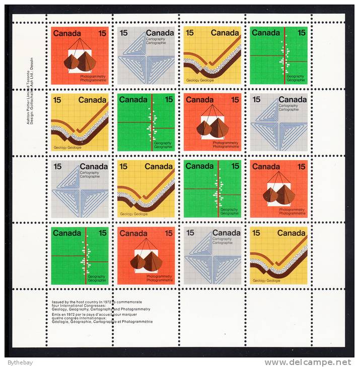 Canada MNH Scott #585a Miniature Pane Of 16 UL 15c Geology, Georgraphy, Photogrammetry, Cartography - Earth Sciences - Feuilles Complètes Et Multiples