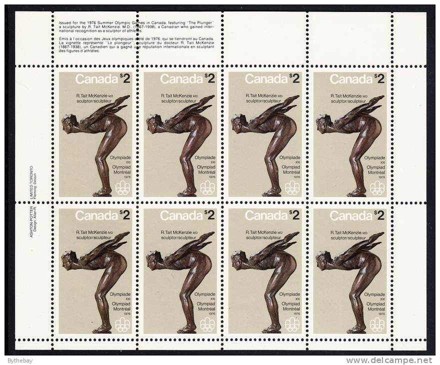 Canada MNH Scott #657 Miniature Pane Of 8 UL Inscription $2 'The Plunger' - Olympic Sculptures - Full Sheets & Multiples