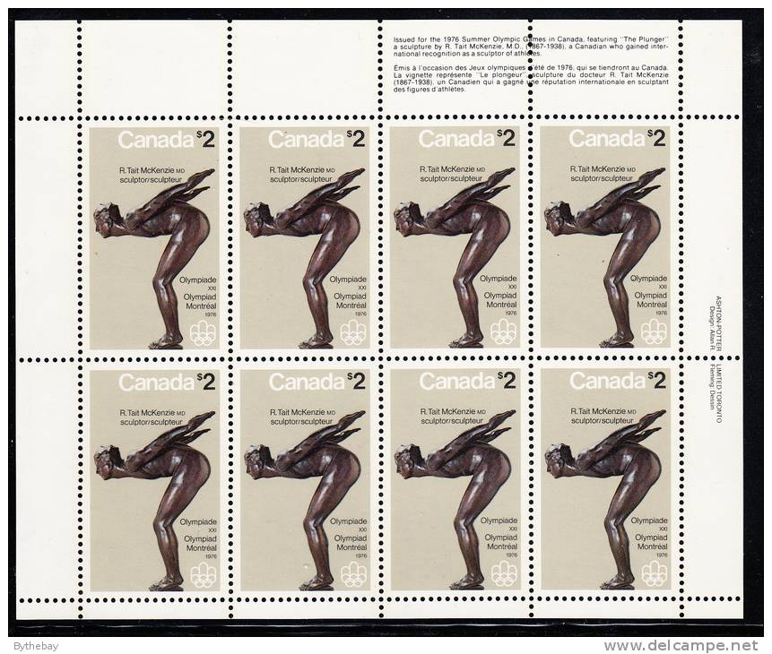 Canada MNH Scott #657 Miniature Pane Of 8 UR Inscription $2 ´The Plunger´ - Olympic Sculptures - Feuilles Complètes Et Multiples