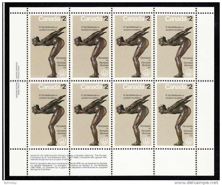 Canada MNH Scott #657 Miniature Pane Of 8 LL Inscription $2 ´The Plunger´ - Olympic Sculptures - Ganze Bögen