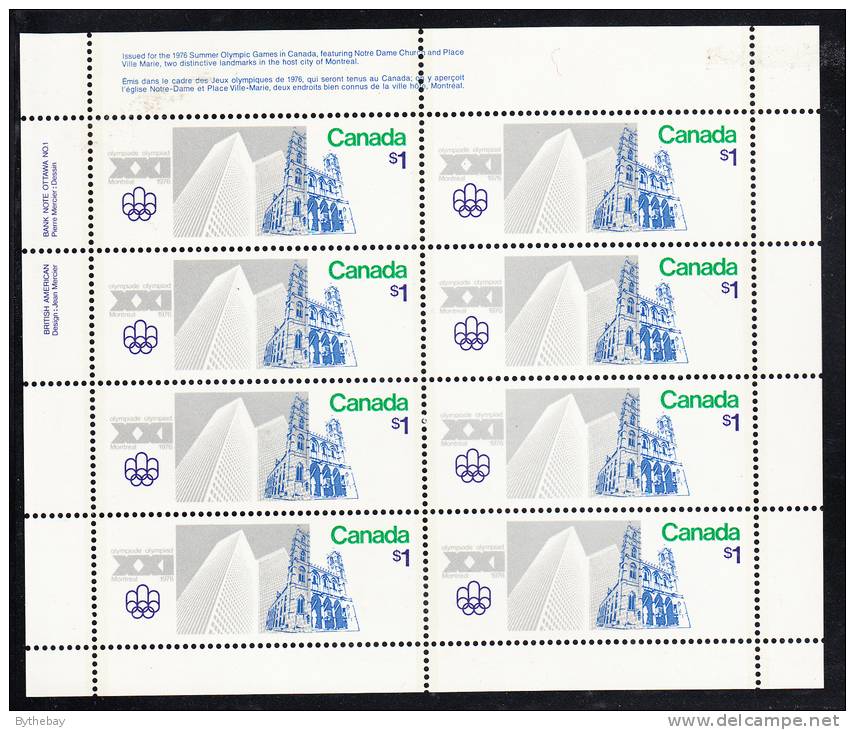 Canada MNH Scott #687 Miniature Pane Of 8 UL Inscription Dull $1 Notre Dame And Place Ville Marie - Olympic Sites - Fogli Completi