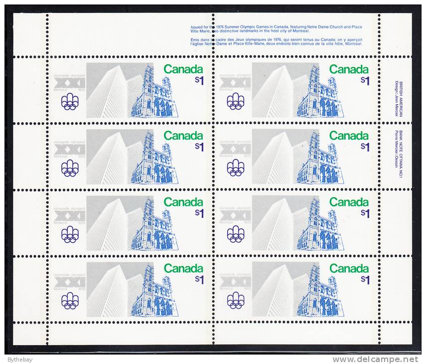 Canada MNH Scott #687 Miniature Pane Of 8 UR Inscription Dull $1 Notre Dame And Place Ville Marie - Olympic Sites - Feuilles Complètes Et Multiples