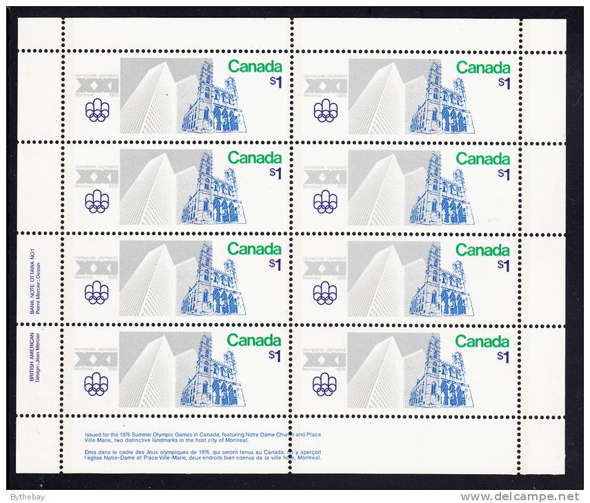 Canada MNH Scott #687 Miniature Pane Of 8 LL Inscription Dull $1 Notre Dame And Place Ville Marie - Olympic Sites - Ganze Bögen