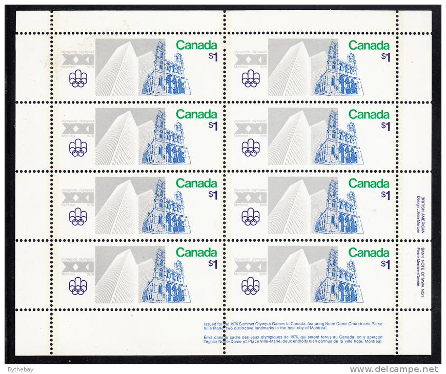 Canada MNH Scott #687 Miniature Pane Of 8 LR Inscription Dull $1 Notre Dame And Place Ville Marie - Olympic Sites - Feuilles Complètes Et Multiples