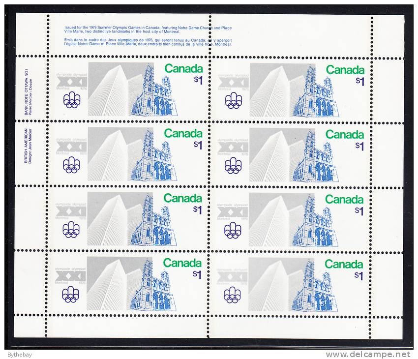 Canada MNH Scott #687i Miniature Pane Of 8 UL Inscription F Paper $1 Notre Dame And Place Ville Marie - Olympic Sites - Ganze Bögen