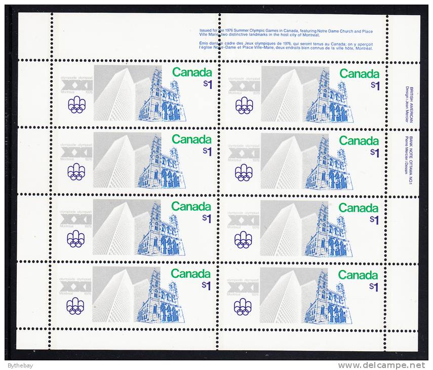 Canada MNH Scott #687i Miniature Pane Of 8 UR Inscription F Paper $1 Notre Dame And Place Ville Marie - Olympic Sites - Ganze Bögen