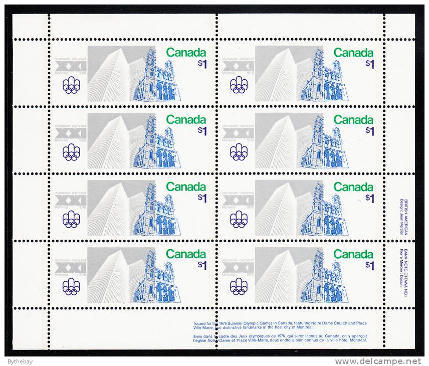 Canada MNH Scott #687i Miniature Pane Of 8 LR Inscription F Paper $1 Notre Dame And Place Ville Marie - Olympic Sites - Fogli Completi