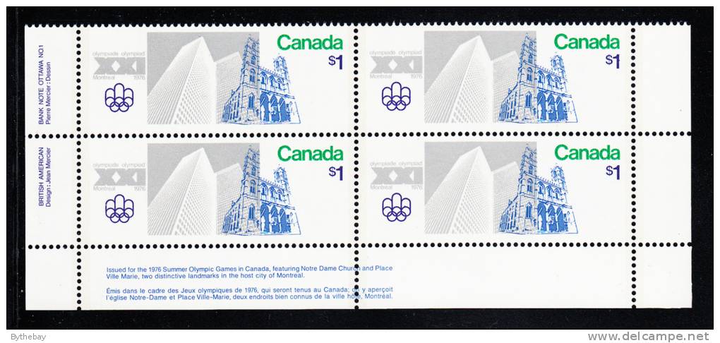 Canada MNH Scott #687i Lower Left Plate Block F Paper $1 Notre Dame And Place Ville Marie - Olympic Sites - Num. Planches & Inscriptions Marge