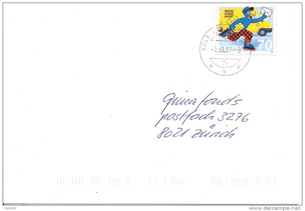 1997Globi Auf Gelaufen Brief 913.1.01 Blauer Punkt Unterhalb Des Schnabels Im Fenster KW 100 - Plaatfouten