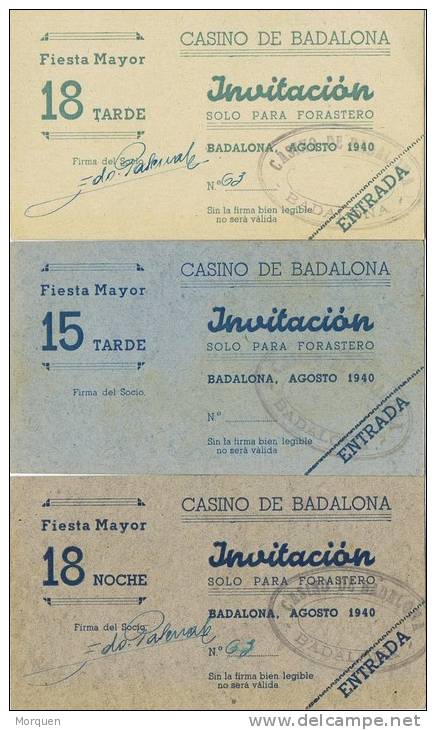 Lote Tres Invitaciones BADALONA 1940. Casino De Bdalona - Tickets - Entradas