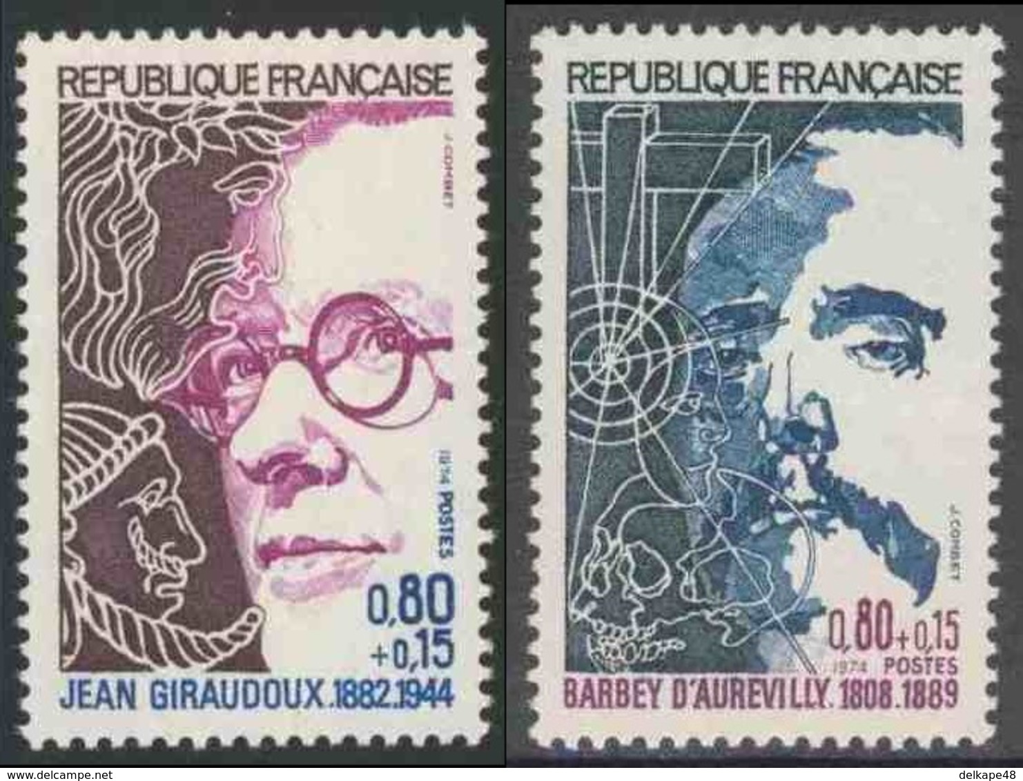 France Rep. Française 1974 Mi 1895 /6 YT 1822 /3 Sc B475 /6 ** J. Giraudoux + J.B. D'Aurevilly, Writer / Schriftsteller - Schrijvers