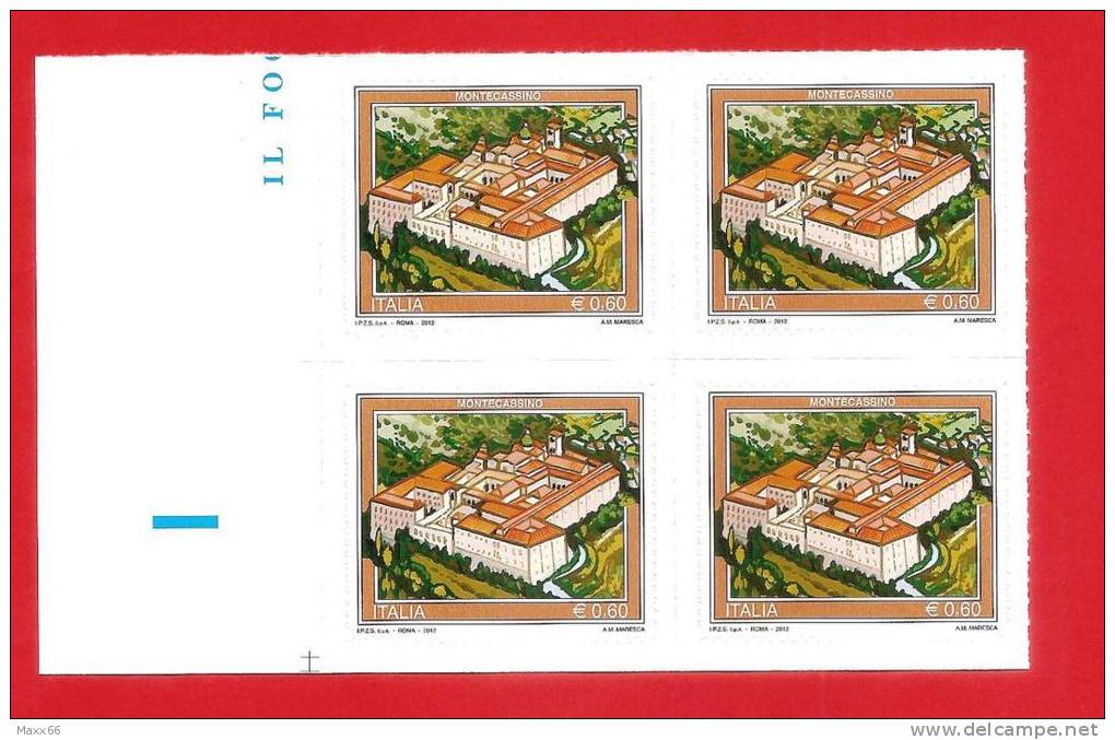 ITALIA REPUBBLICA  - QUARTINA NUOVA MNH ANGOLO - 2012 - TURISMO - MONTECASSINO - € 0,60 - S. 3333 - 2011-20:  Nuovi