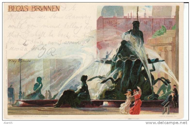 Kley Artist Signed Becas Brunnen, Neptune Fountain, C1890s Vintage Postcard - Kley